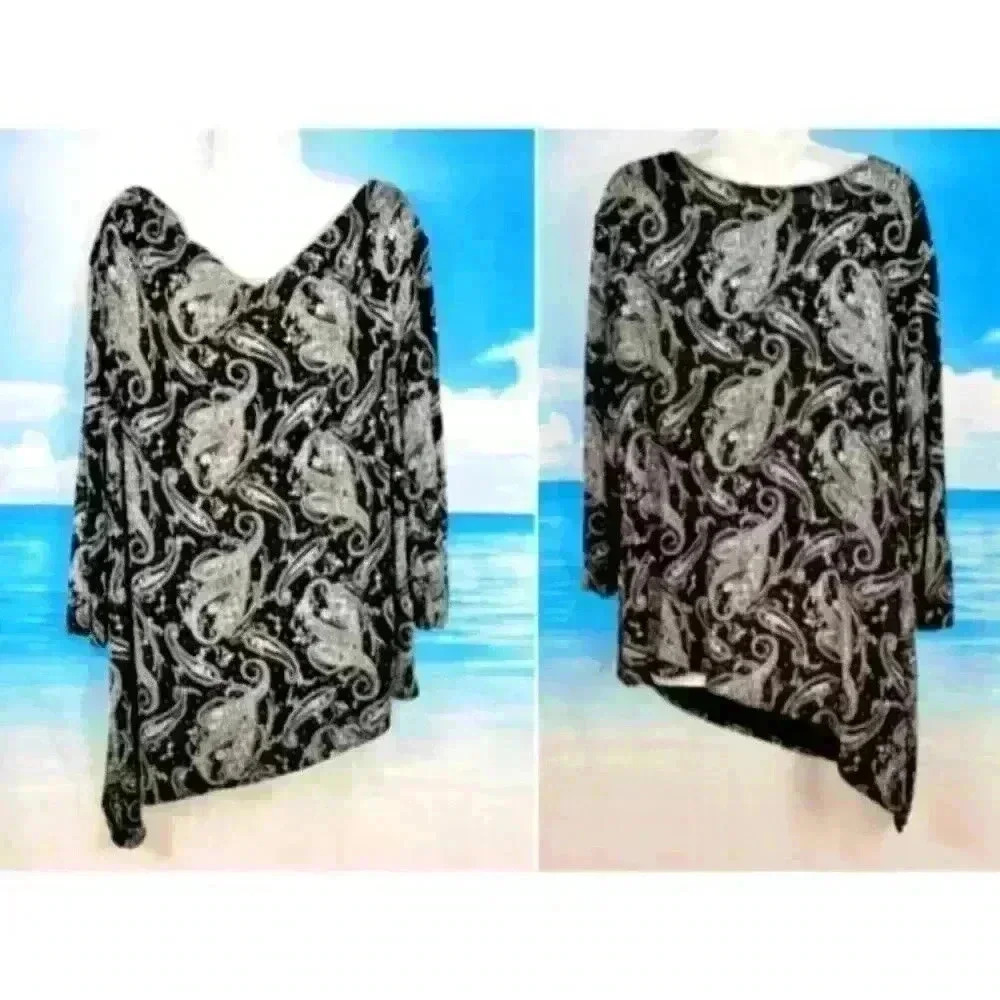 MSK Woman BLACK SILVER Print TUNIC Top Vintage Paisley STRETCH Cowl Neck size 2x